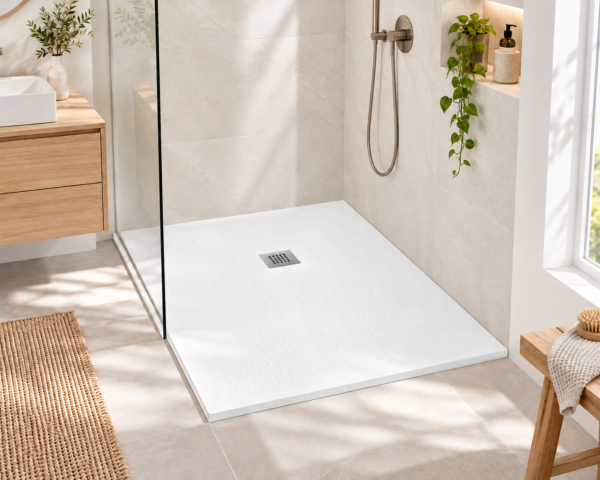 Bagno contemporaneo con piatto doccia scuro