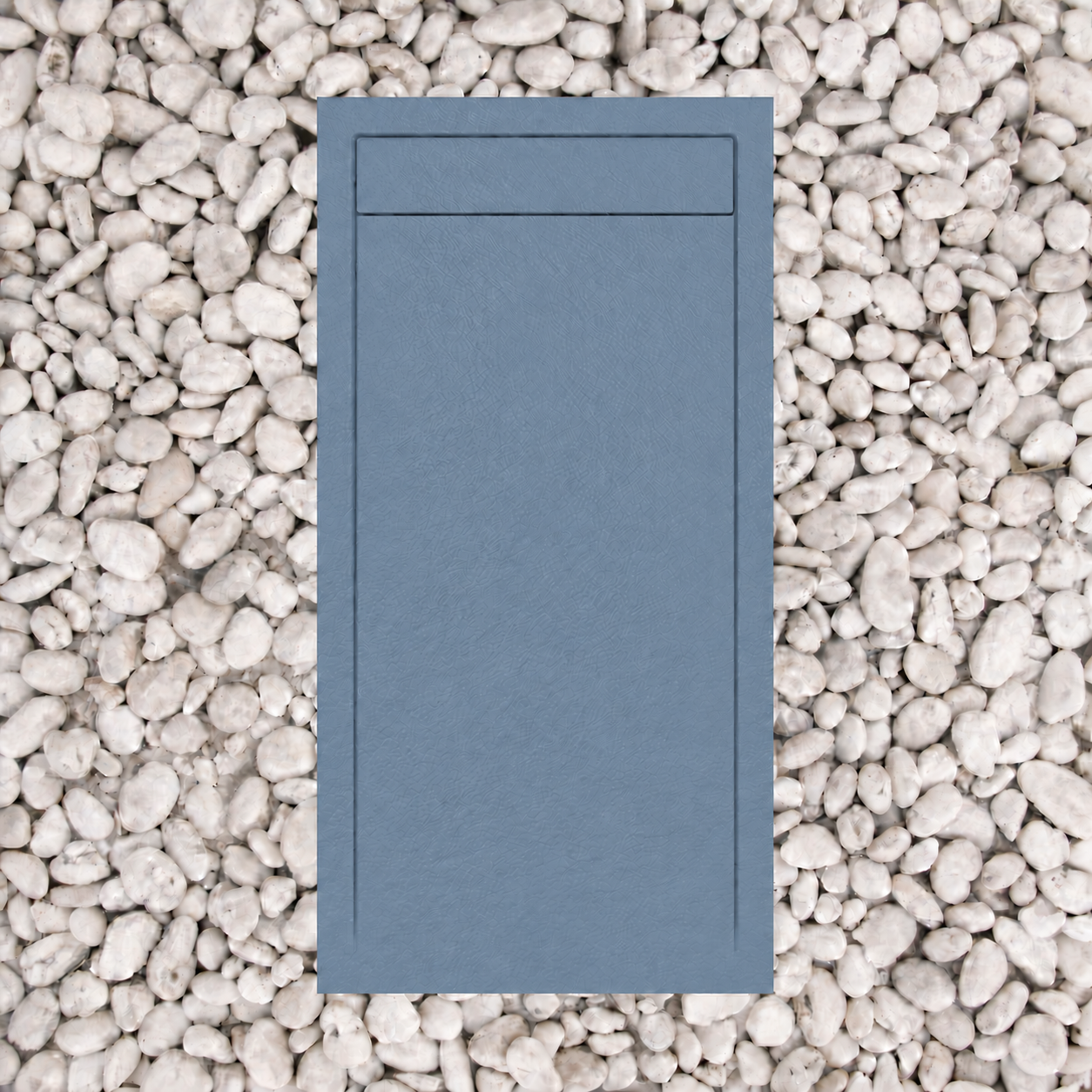Piatti Doccia Blu Colomba Ral 5014 Vulcano Line In Resina e Polvere Di Marmo Con Griglia Laterale In Marmo Resina